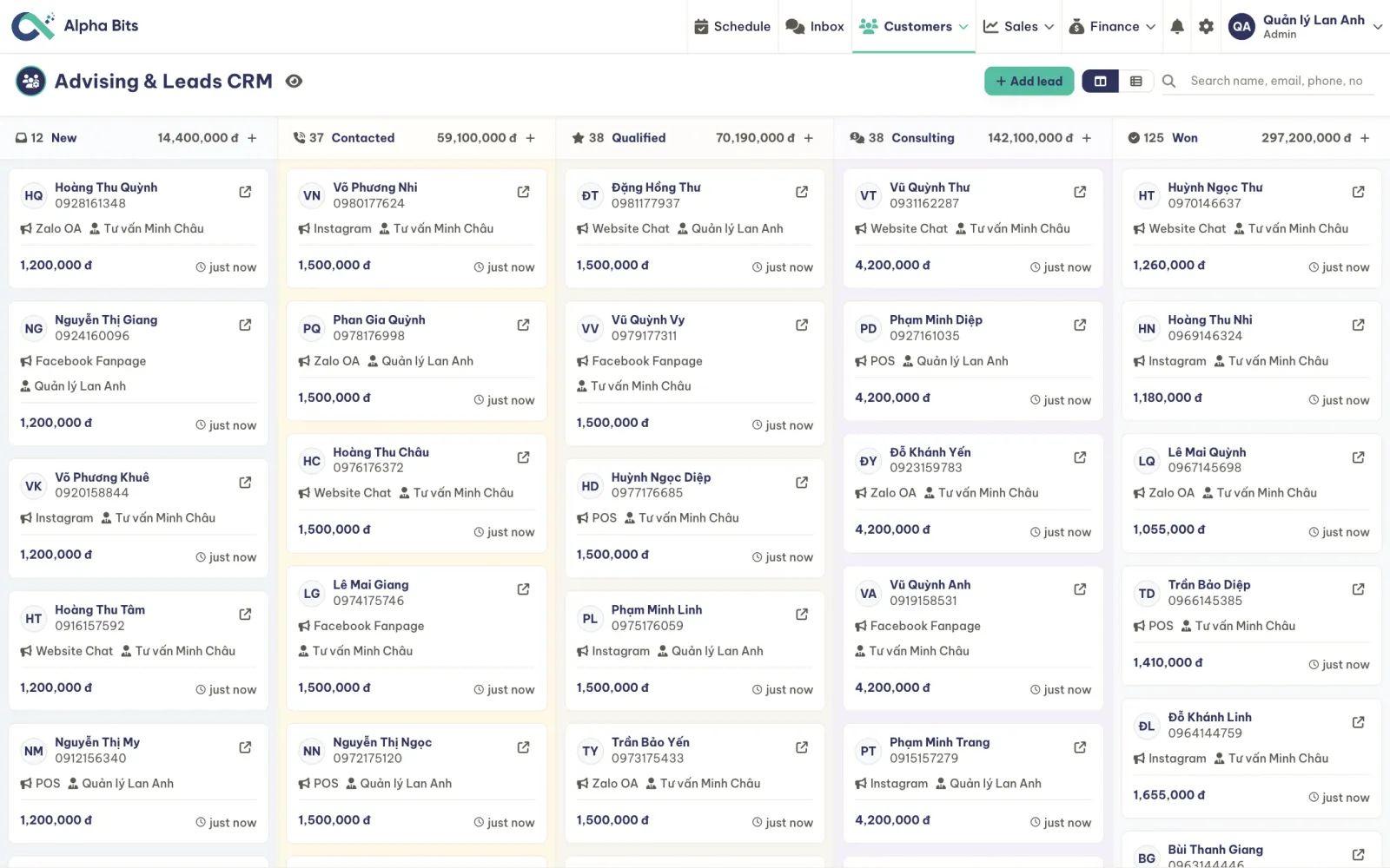 The enquiry pipeline as a board of lead cards in stages