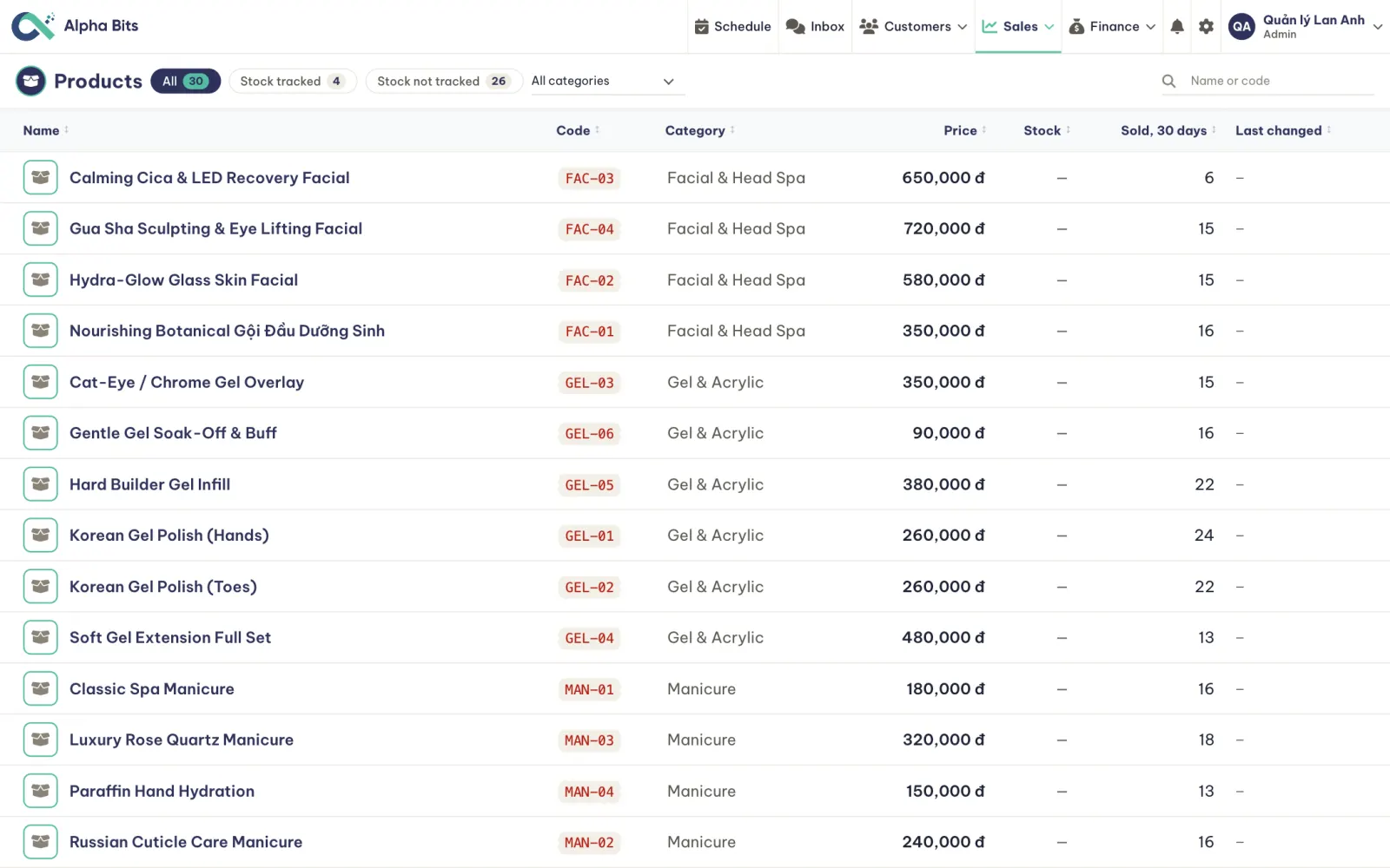 The service menu with categories, codes, prices and how many were sold in the last 30 days